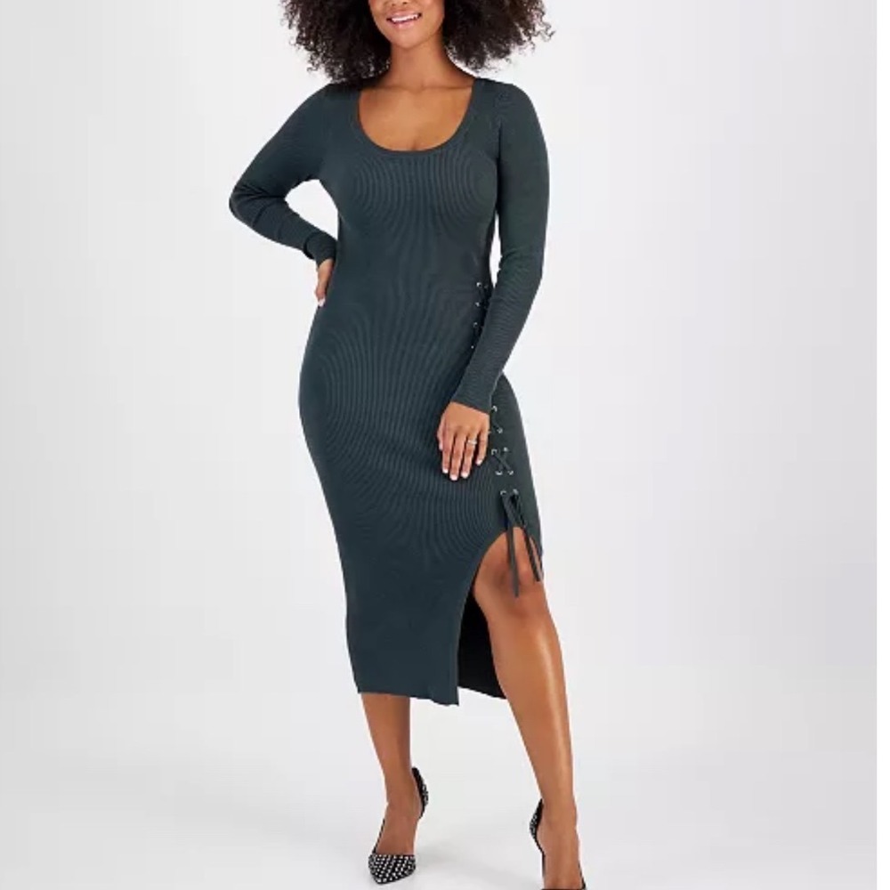 Bar III Ribbed Knit Dress Women Green Lace Up Side Slit XS